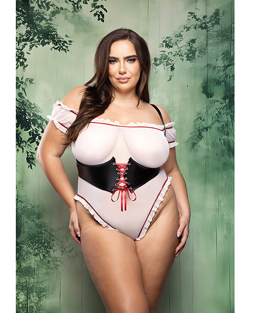 Dangerous Darling Sheer Mesh Ruffle Teddy w/Waist Cincher & Hooded Cape 3 pc Set – product image 2 – SKU FPL2522-BW-4X