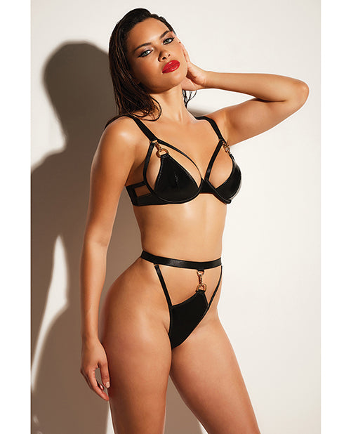 FETISH Excitement Unlined Underwire Vinyl Bra & Panty w/D-Ring & Metal Clasp Black SM – product image 1 – SKU OLB4011365-BK-S0