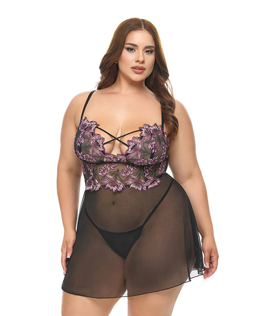 Adela Embroidered Boned Lace and Mesh Babydoll w/G-String 2 pc Set – product image 1 – SKU OLL7512054-BP-1X