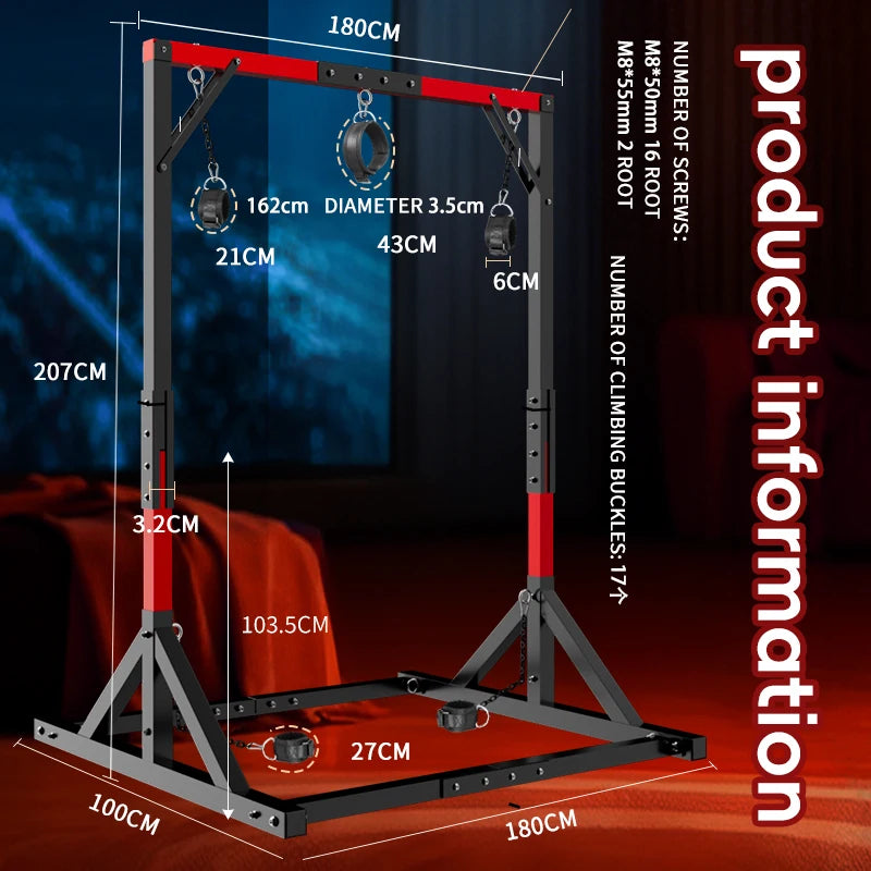 Metal Bondage Restraint Frame with Chains, Cuffs and Stool – image 7