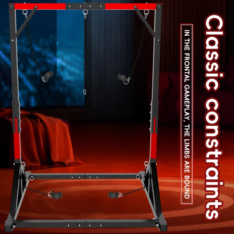Metal Bondage Restraint Frame with Chains, Cuffs and Stool – image 2