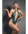 Domina Lace Halter Teddy w/Zipper Detail & Detachable Chain-Link Leash – product image 1 – SKU FTD2527-GR-LX